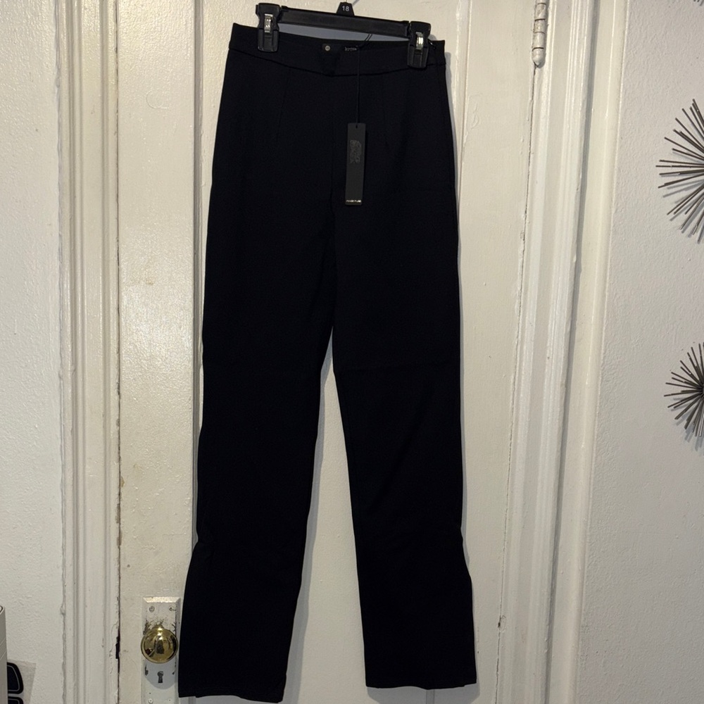 Elegant Black Women's Straight Leg Pants with s slit on the bottom